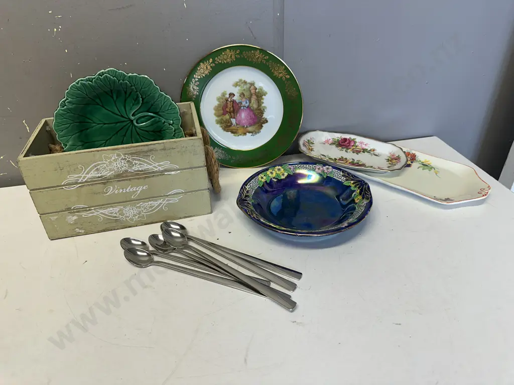 Assorted China Items (as found) Including Parfait Spoons & Wooden Box  Image 1++