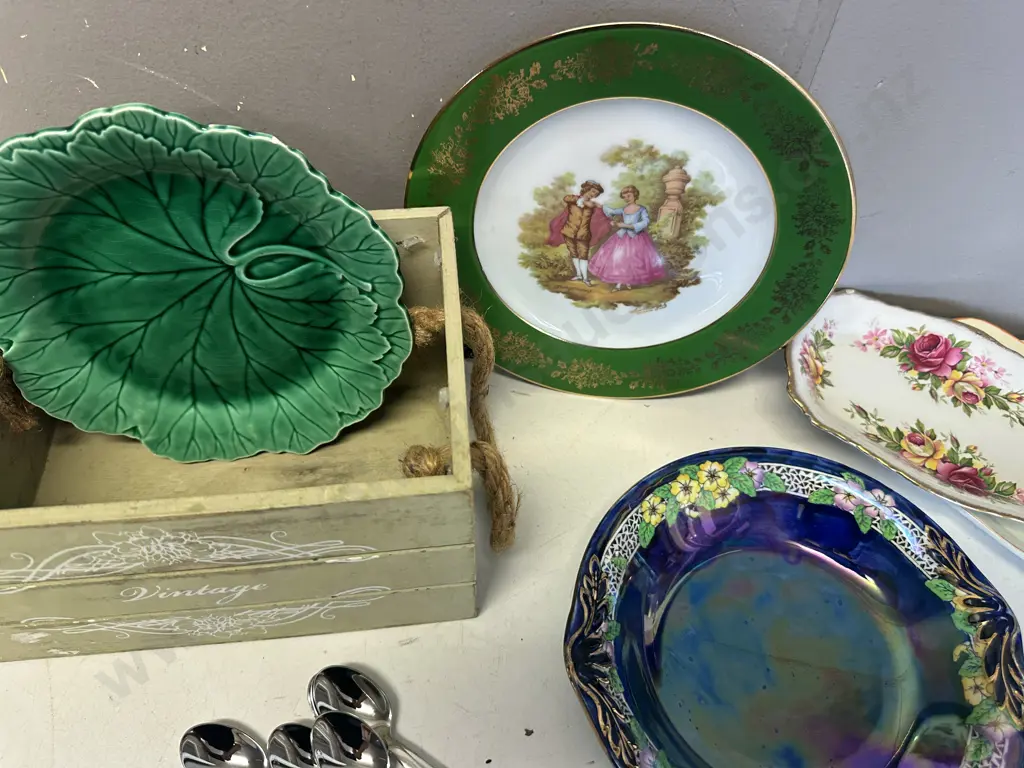 Assorted China Items (as found) Including Parfait Spoons & Wooden Box  Image 1++
