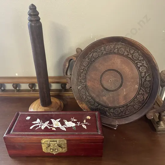 Assorted Wooden Ware Items Including Handled Serving Dish, Jewellery Box & Paper Towel Holder