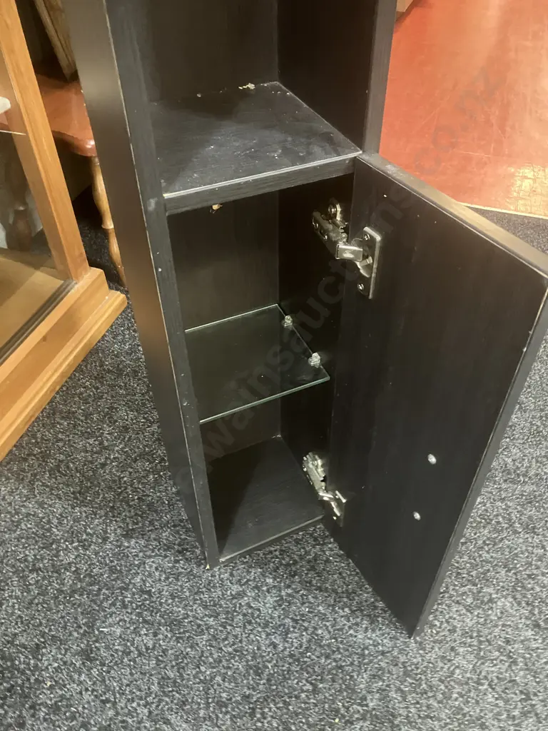 Black Oak Effect Tower, 2 Glass Shelves, Single Door. H160.5 W20 D18.5cm Image 1++