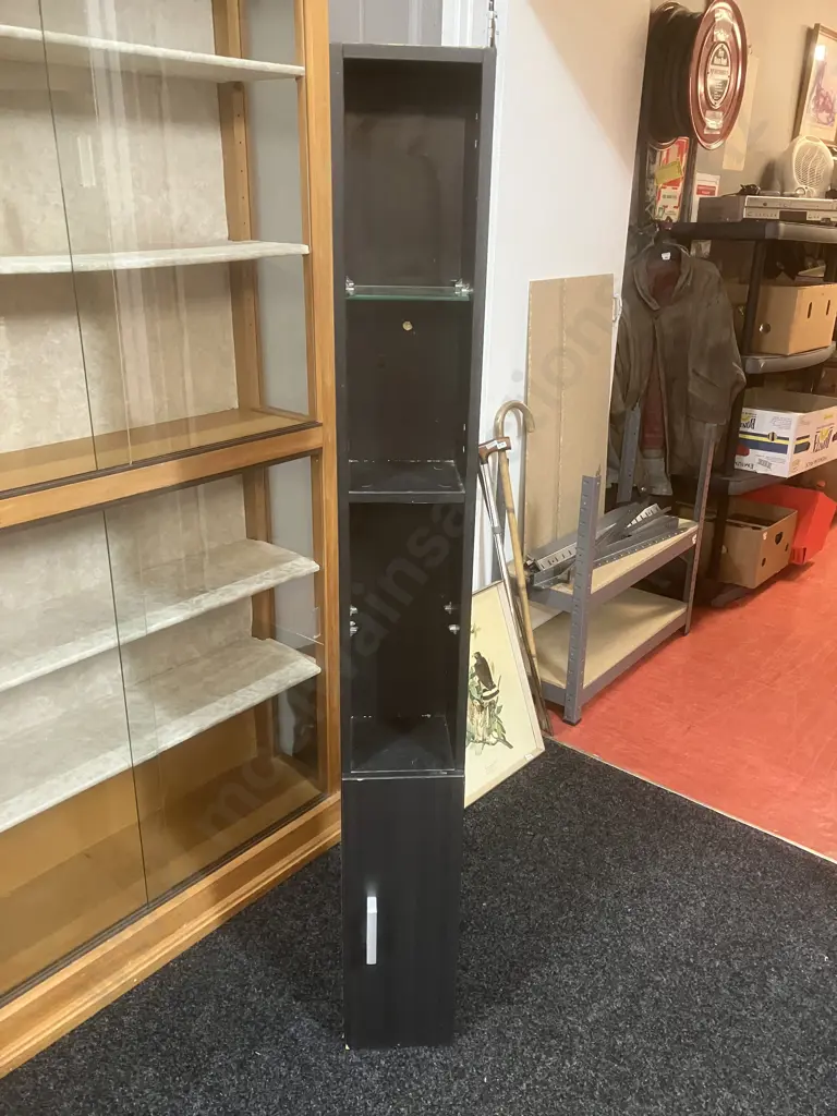 Black Oak Effect Tower, 2 Glass Shelves, Single Door. H160.5 W20 D18.5cm Image 1++