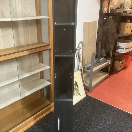 Black Oak Effect Tower, 2 Glass Shelves, Single Door. H160.5 W20 D18.5cm