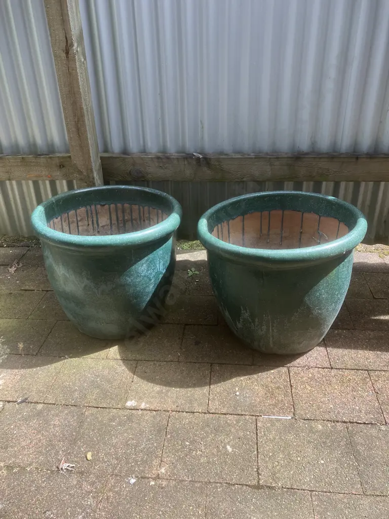Pair of Green Glazed Terracotta Garden Pots (Both Have Cracks). 40 x 51cm Image 1++