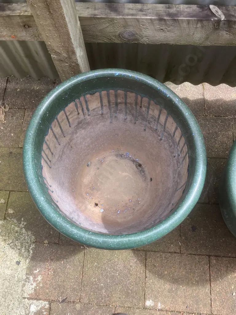Pair of Green Glazed Terracotta Garden Pots (Both Have Cracks). 40 x 51cm Image 1++