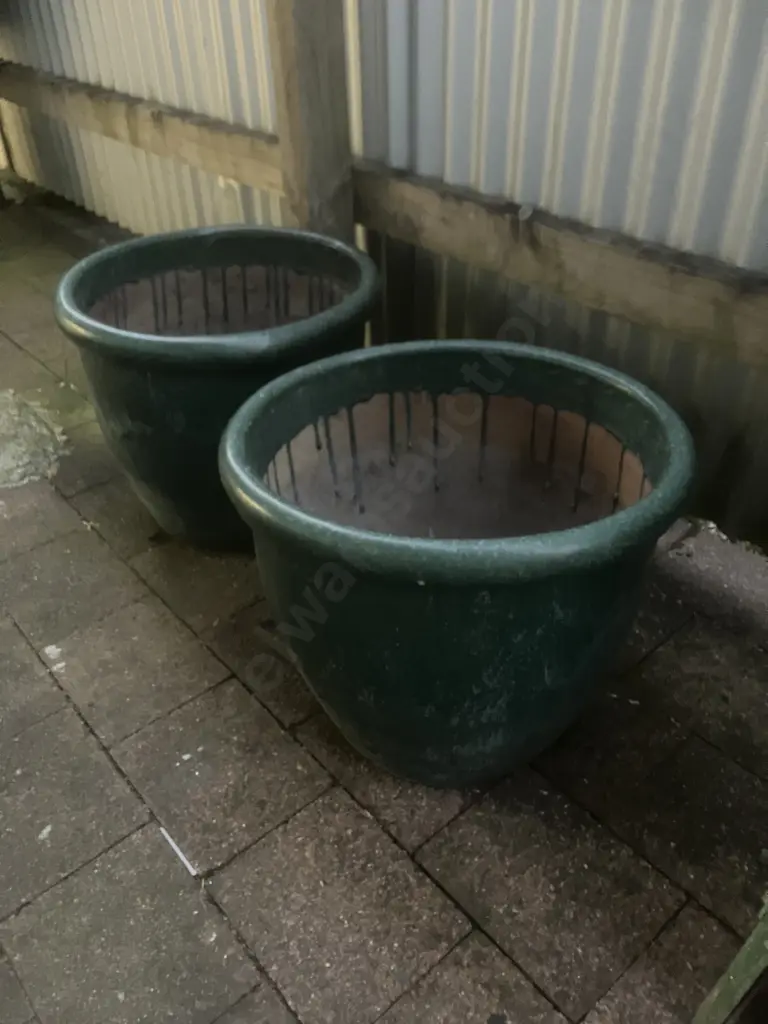 Pair of Green Glazed Terracotta Garden Pots (Both Have Cracks). 40 x 51cm Image 1++