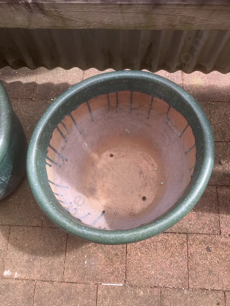 Pair of Green Glazed Terracotta Garden Pots (Both Have Cracks). 40 x 51cm Image 1++