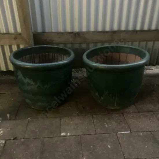 Pair of Green Glazed Terracotta Garden Pots (Both Have Cracks). 40 x 51cm