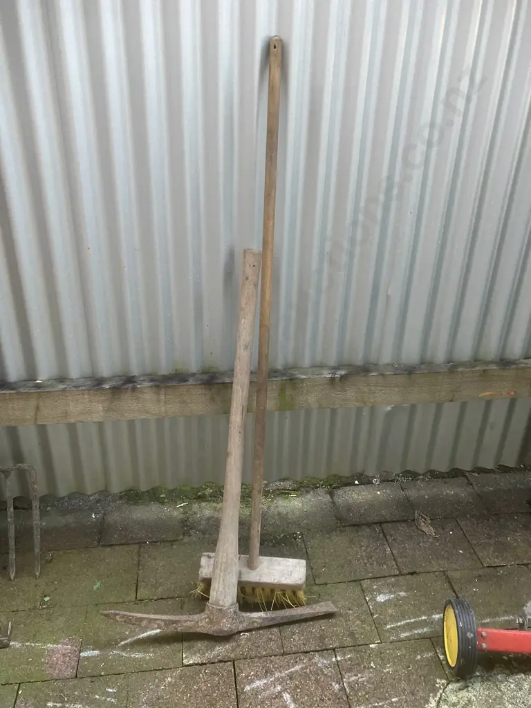 Pickaxe & Wooden Handled Broom Image 1++