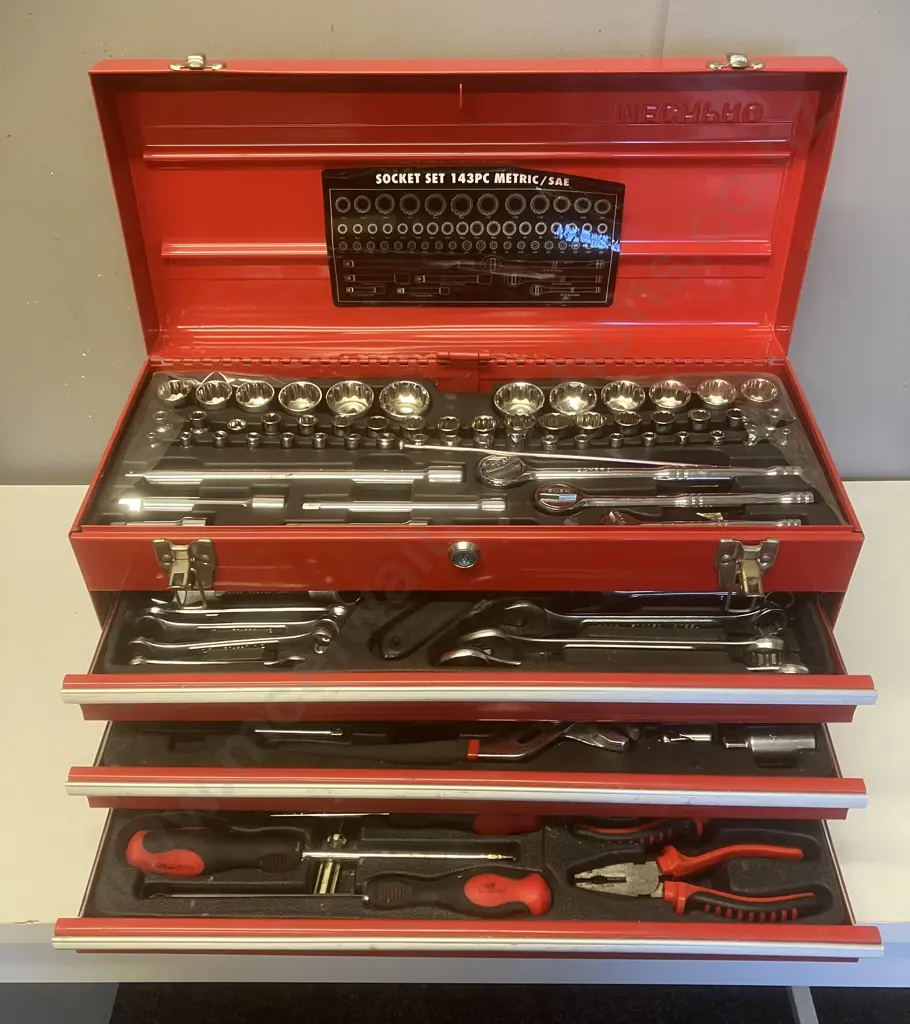 Mechpro 248 Piece Tool Kit with 3 Drawer Chest Includes 143 Piece Metric/ SAE Socket Set. With 2 Keys Image 1++