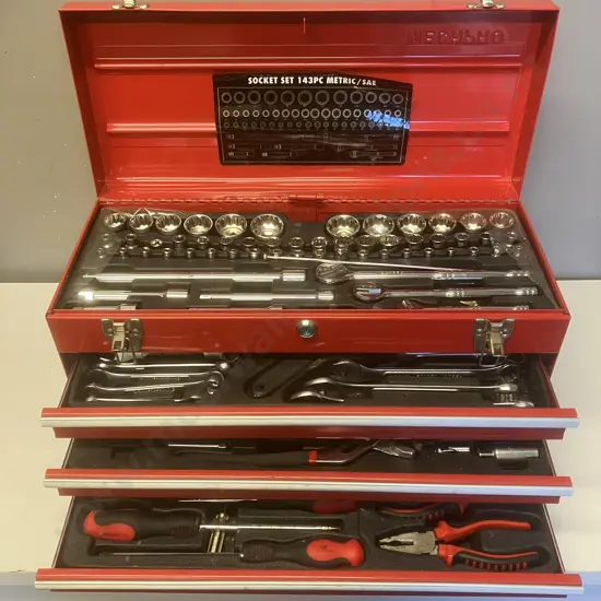 Mechpro 248 Piece Tool Kit with 3 Drawer Chest Includes 143 Piece Metric/ SAE Socket Set. With 2 Keys