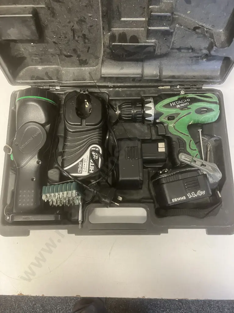 Hitachi 14.4V Drill 14DVF3 Skin, Torch Skin, Pair of Batteries, Ni-Cd Charger & Assorted Bits IN Moulded Case Image 1++