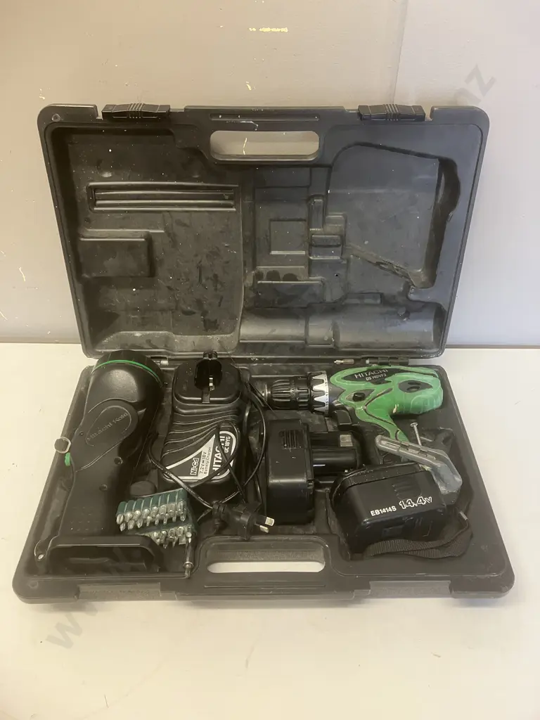 Hitachi 14.4V Drill 14DVF3 Skin, Torch Skin, Pair of Batteries, Ni-Cd Charger & Assorted Bits IN Moulded Case Image 1++