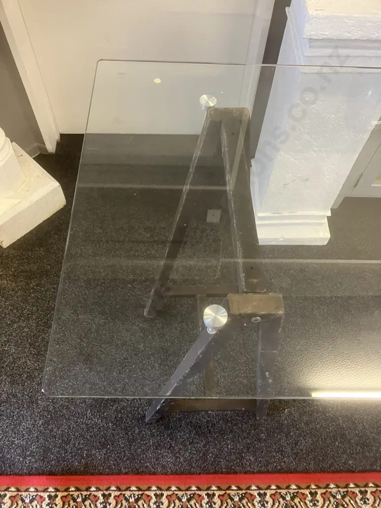 Glass Top Table On a Pair of Black Steel Trestles. H92.5 W140 D60cm Image 1++