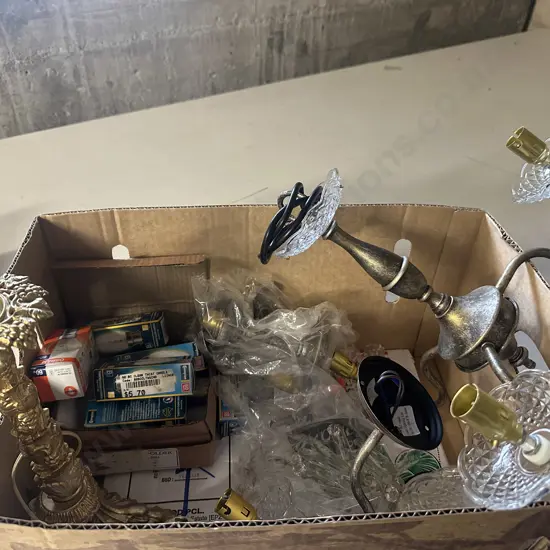 Box Lot Vintage Light Fittings (Incomplete) With Brass Colour Table Lamp
