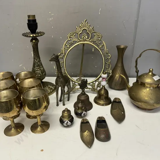 Selection Of Brass Items Including Photo Frame, Table Lamp Base Etc