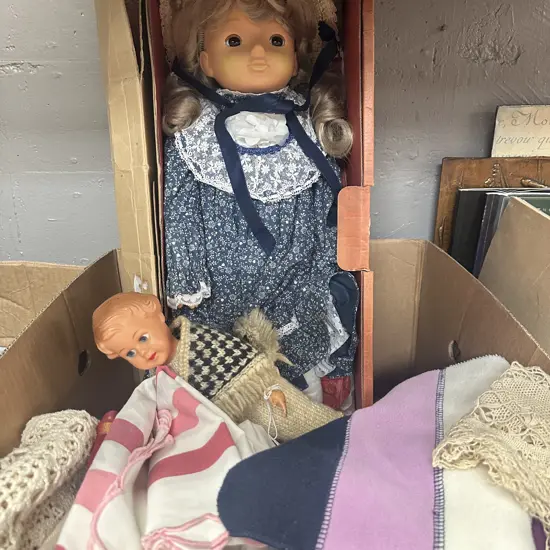 Box Lot Of Vintage Linen & Dolls