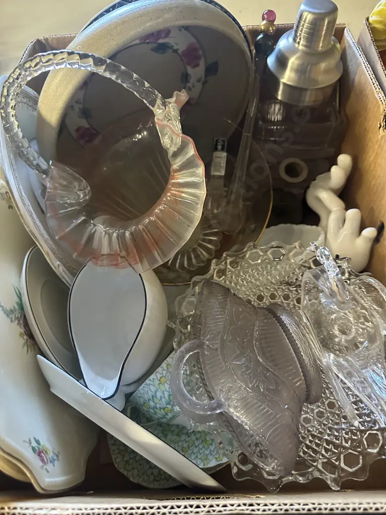 Box lot China & Glass Items Including Basket, Swan Etc Image 1++