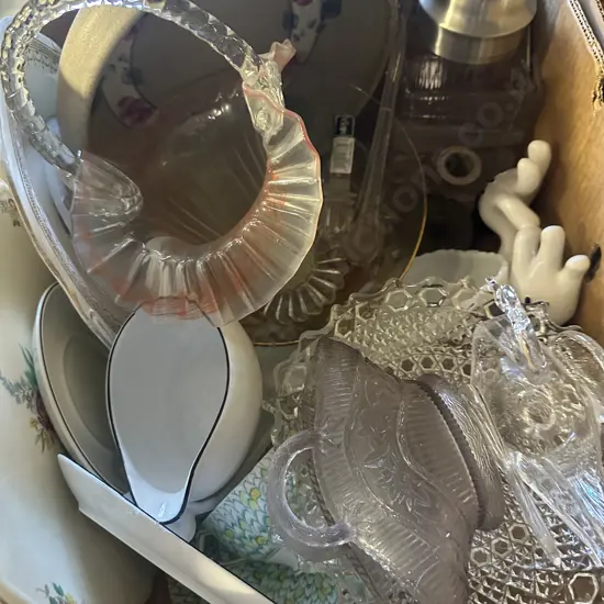 Box lot China & Glass Items Including Basket, Swan Etc