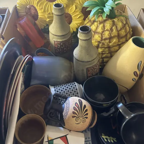Box Lot China, Pottery, Pineapple Ice Bucket Etc