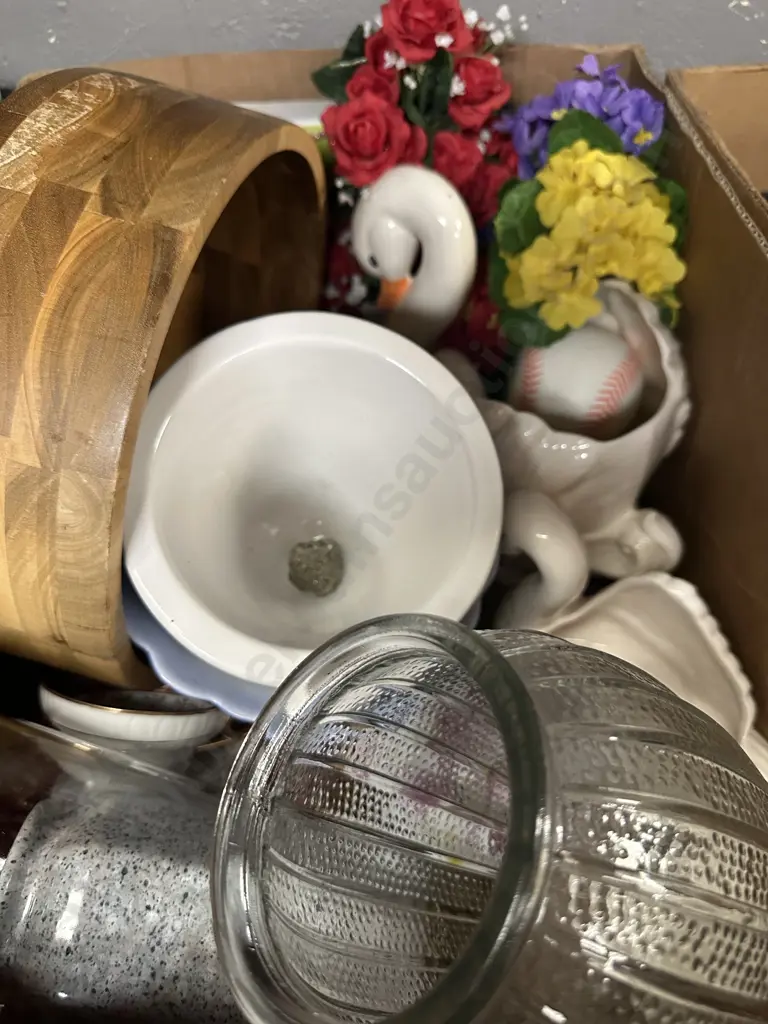 Box lot Glass Vases, Planters, Wooden Bowl Etc Image 1++