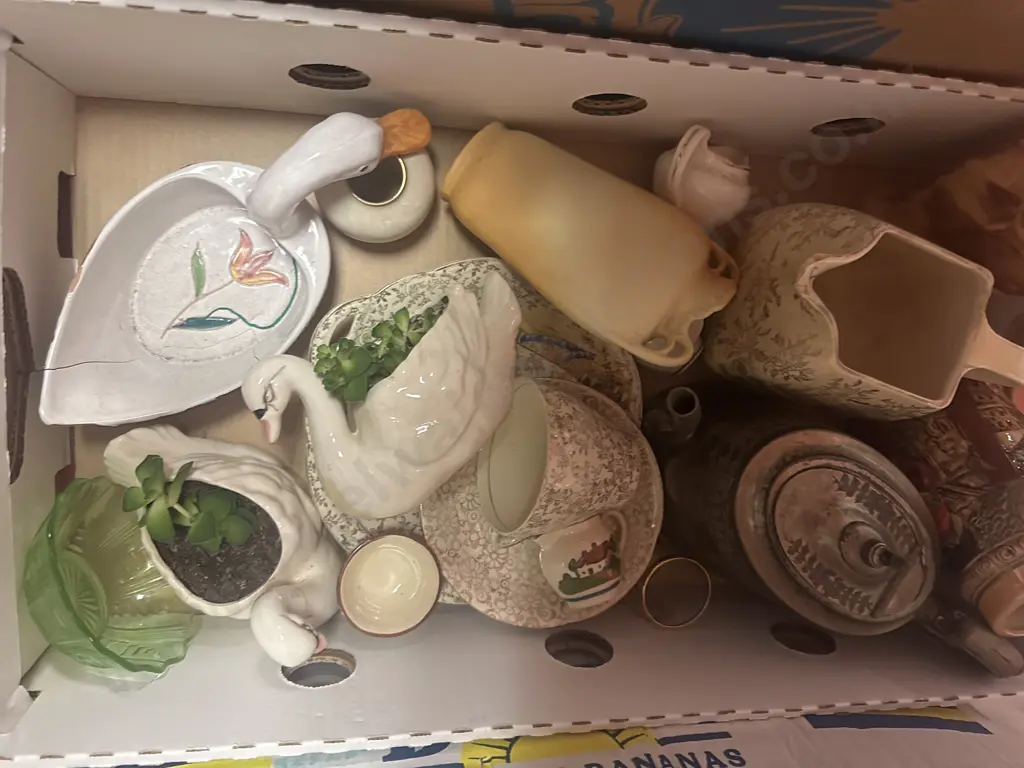 Box Of Assorted China Items Including Silver Ware, Beer Stein, Etc (as found)  Image 1++