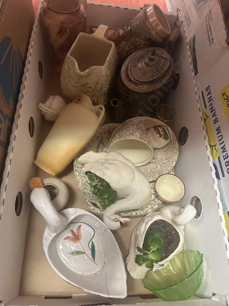 Box Of Assorted China Items Including Silver Ware, Beer Stein, Etc (as found)  Image 1++