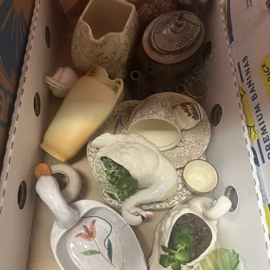 Box Of Assorted China Items Including Silver Ware, Beer Stein, Etc (as found) 