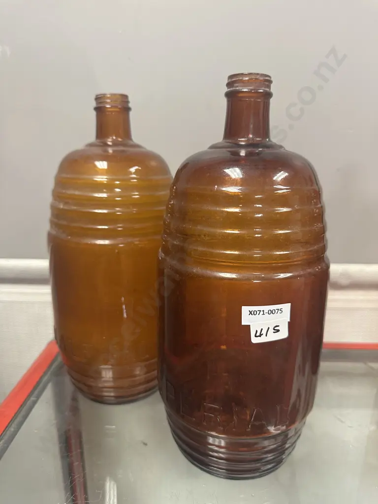 Pair of Vintage Imperial Half Gallon Amber Glass Barrel Bottles. H29 & H29.5cm Image 1++