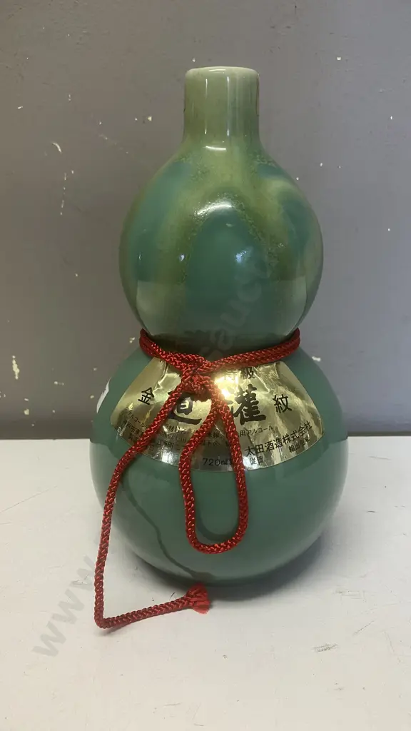 Vintage Japanese Dohkan Celadon Colour Sake Bottle With Original Label & Red Silk Cord. H21cm Image 1++