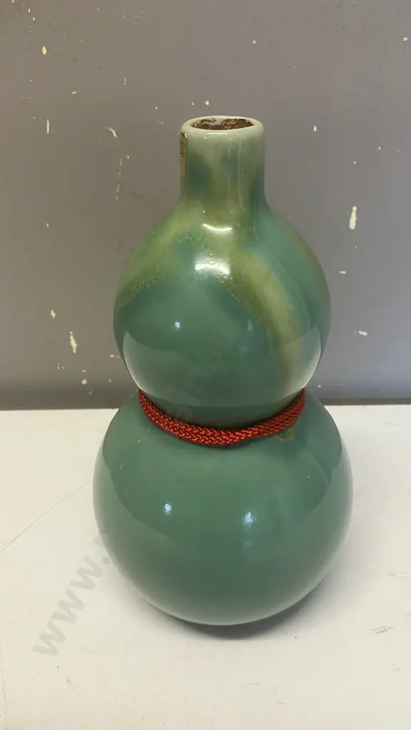 Vintage Japanese Dohkan Celadon Colour Sake Bottle With Original Label & Red Silk Cord. H21cm Image 1++
