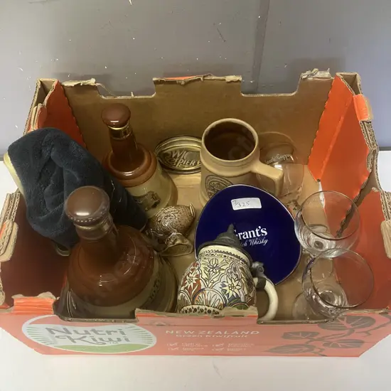 Box Lot Decanters, Barware Etc