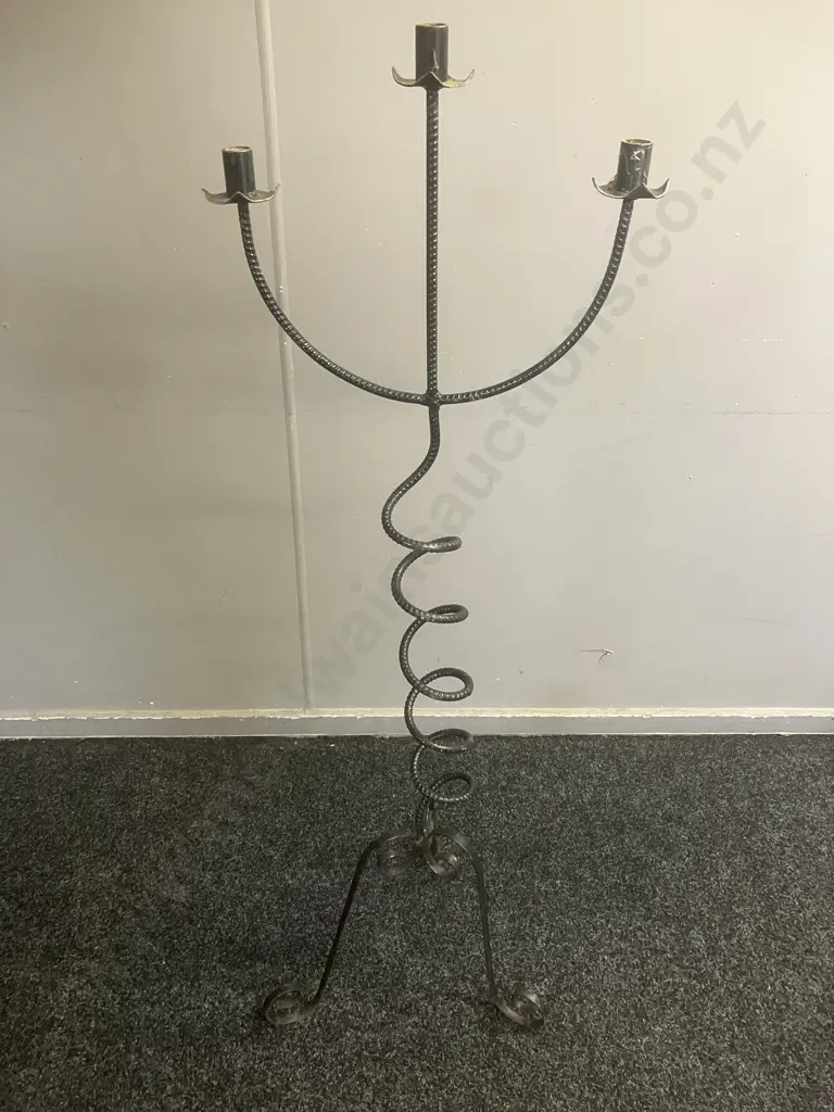 Black Coiled Rebar 3 Candle Candleabra, Curled Steel Legs. H227cm Image 1++