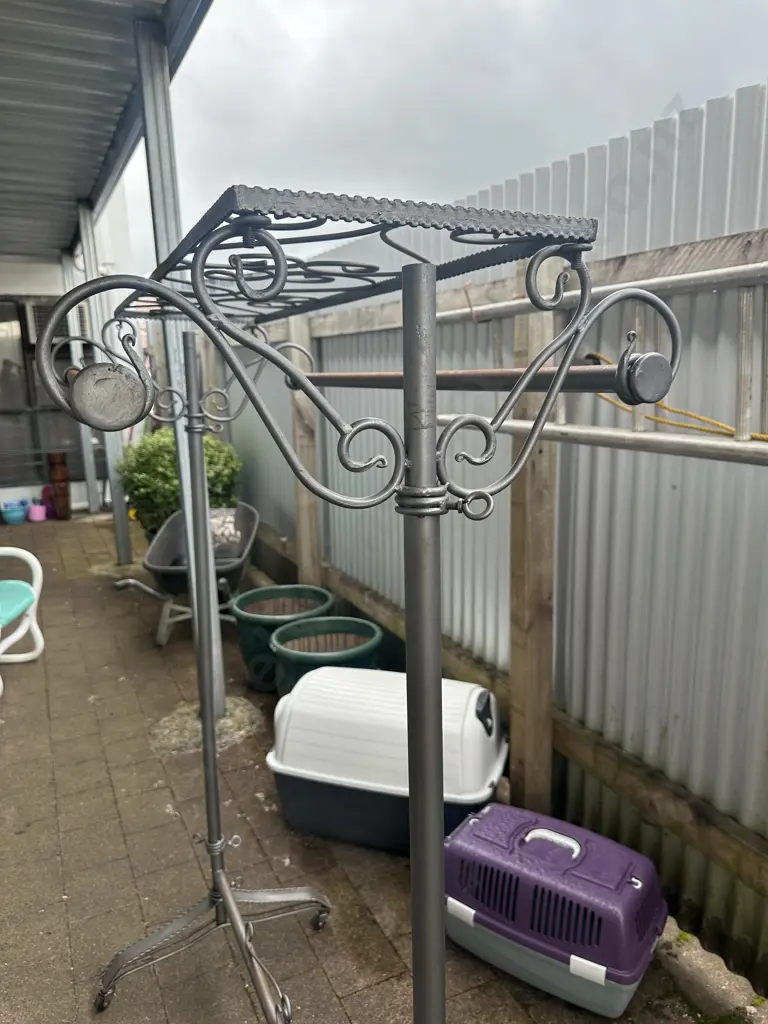 Vintage Wrought Iron Garment Rack With Scroll Ends & Wheels Image 1++