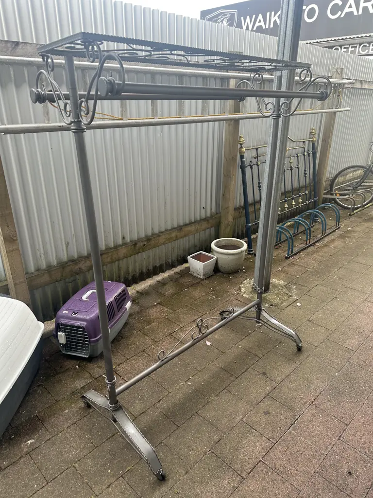 Vintage Wrought Iron Garment Rack With Scroll Ends & Wheels Image 1++