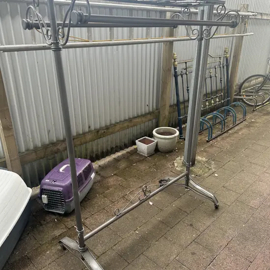 Vintage Wrought Iron Garment Rack With Scroll Ends & Wheels