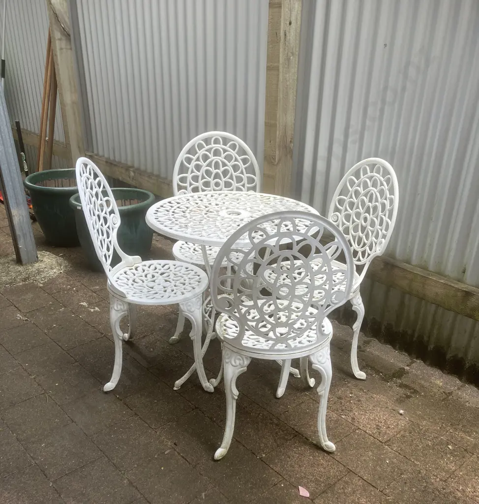 Ornate White Cast Aluminium Outdoor Setting Table & Four Chairs 66.5 x 60cm Image 1++