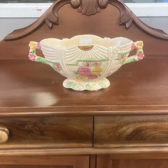 Arthur Wood 'Garden Wall' Mantle Vase, Art Deco Trophy Handled Flower Pot in Peach Tones c1920's. 14 x 35cm