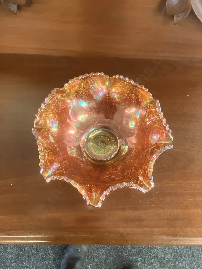 Stunning Antique Imperial Carnival Glass 8-Ruffle Bowl In Marigold, Early 1900s. 11 x 28.5cm Image 1++