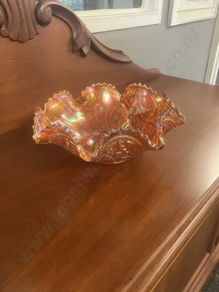 Stunning Antique Imperial Carnival Glass 8-Ruffle Bowl In Marigold, Early 1900s. 11 x 28.5cm Image 1++