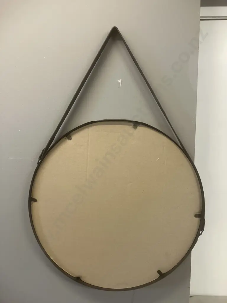 Brown Round Steel Wall Mirror With Leather Hanger. Dia 55cm Image 1++