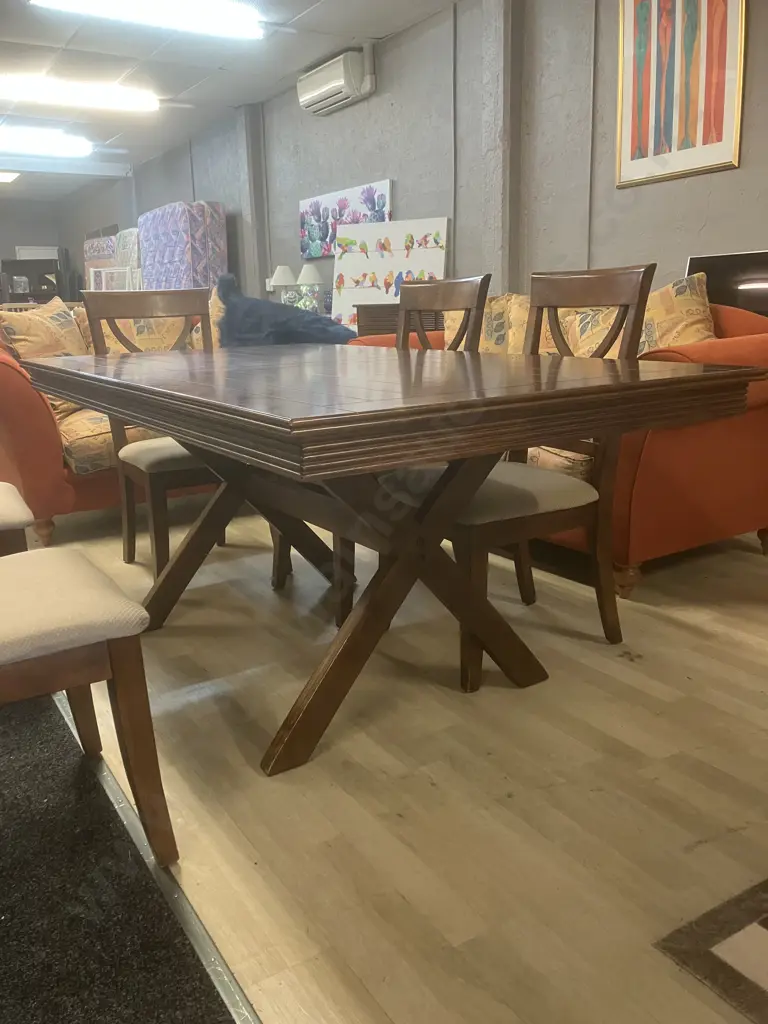 Wooden Trestle Base Dining Table (181 x 100.5cm) With Six Wooden Cross Back Beige Fabric Upholstered Dining Chairs Image 1++