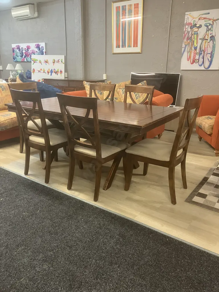 Wooden Trestle Base Dining Table (181 x 100.5cm) With Six Wooden Cross Back Beige Fabric Upholstered Dining Chairs Image 1++