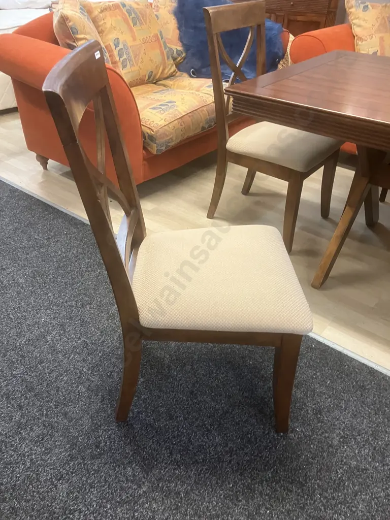 Wooden Trestle Base Dining Table (181 x 100.5cm) With Six Wooden Cross Back Beige Fabric Upholstered Dining Chairs Image 1++