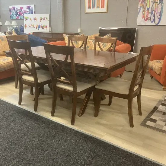 Wooden Trestle Base Dining Table (181 x 100.5cm) With Six Wooden Cross Back Beige Fabric Upholstered Dining Chairs