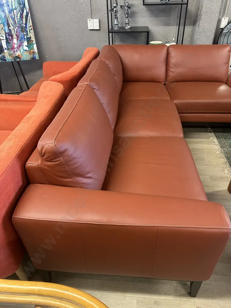3 Seater Leather Corner Sofa with Chaise, Terracotta Colour - Ex Furniture Zone Image 1++