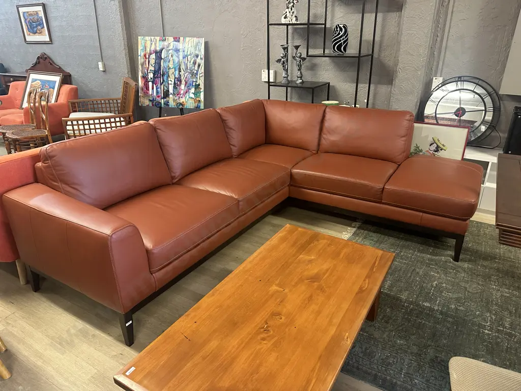 3 Seater Leather Corner Sofa with Chaise, Terracotta Colour - Ex Furniture Zone Image 1++