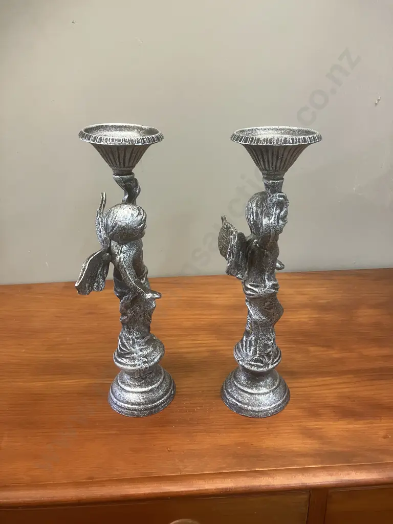Pair of Silver Colour Cast Iron Angel Candle Sticks. H50cm Image 1++
