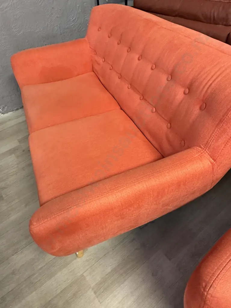 Orange Button Back Fabric 2 Seater Sofa With Naked Wooden Legs Image 1++