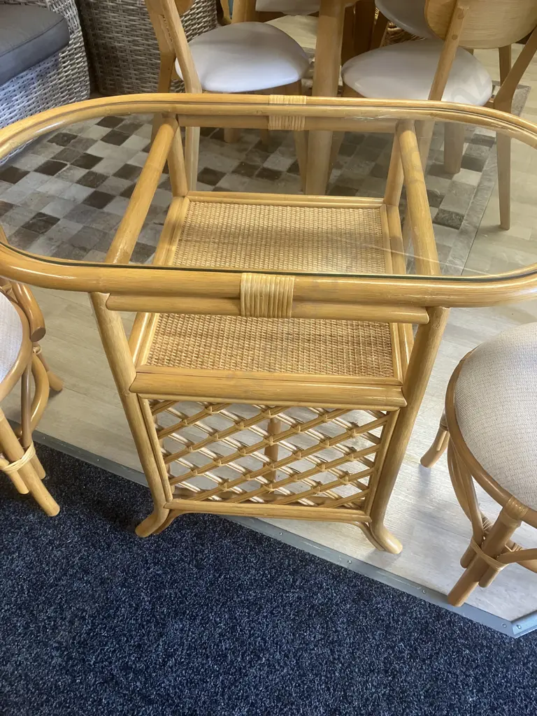 Vintage Bamboo Rattan 'Honeymoon' Bistro Table & Chairs. H76 W99 D55cm Image 1++