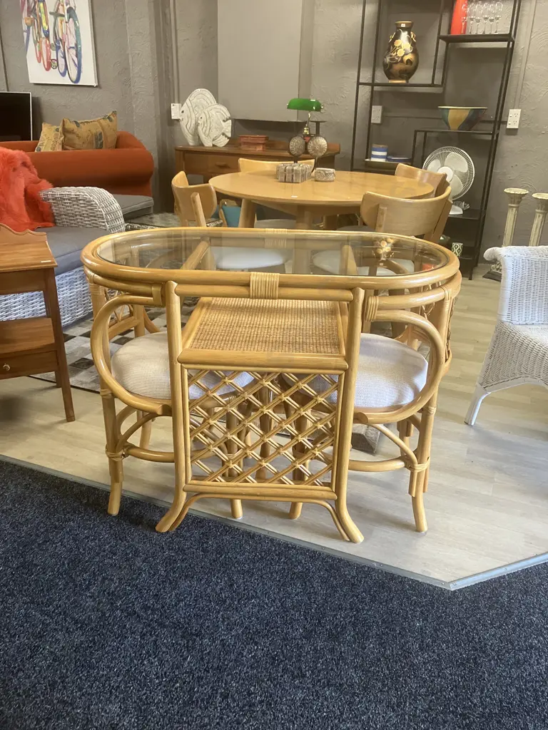 Vintage Bamboo Rattan 'Honeymoon' Bistro Table & Chairs. H76 W99 D55cm Image 1++